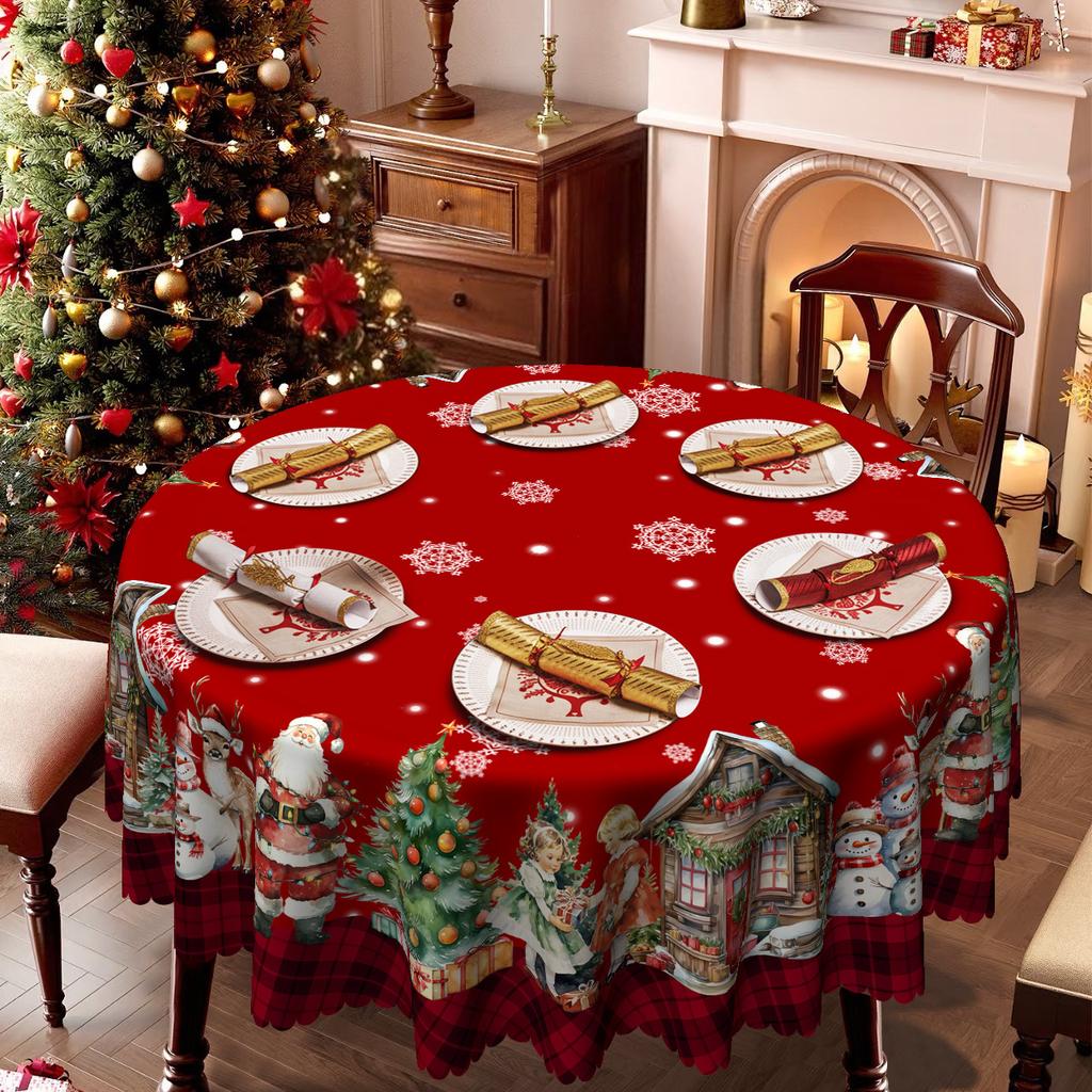 Weihnachtliches rundes Tischtuch Santa Rentier Schneemann Cartoon Mädchen Muster Tischdecke, Tischdekoration