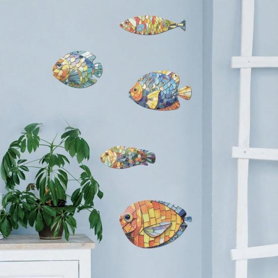 5 Pcs Wood Fish Wall Art Nautical Hanging Fish Wall Decor Rustic Fish Farmhouse Wall Sculpture for Beach Lake House Bathroom Decoration