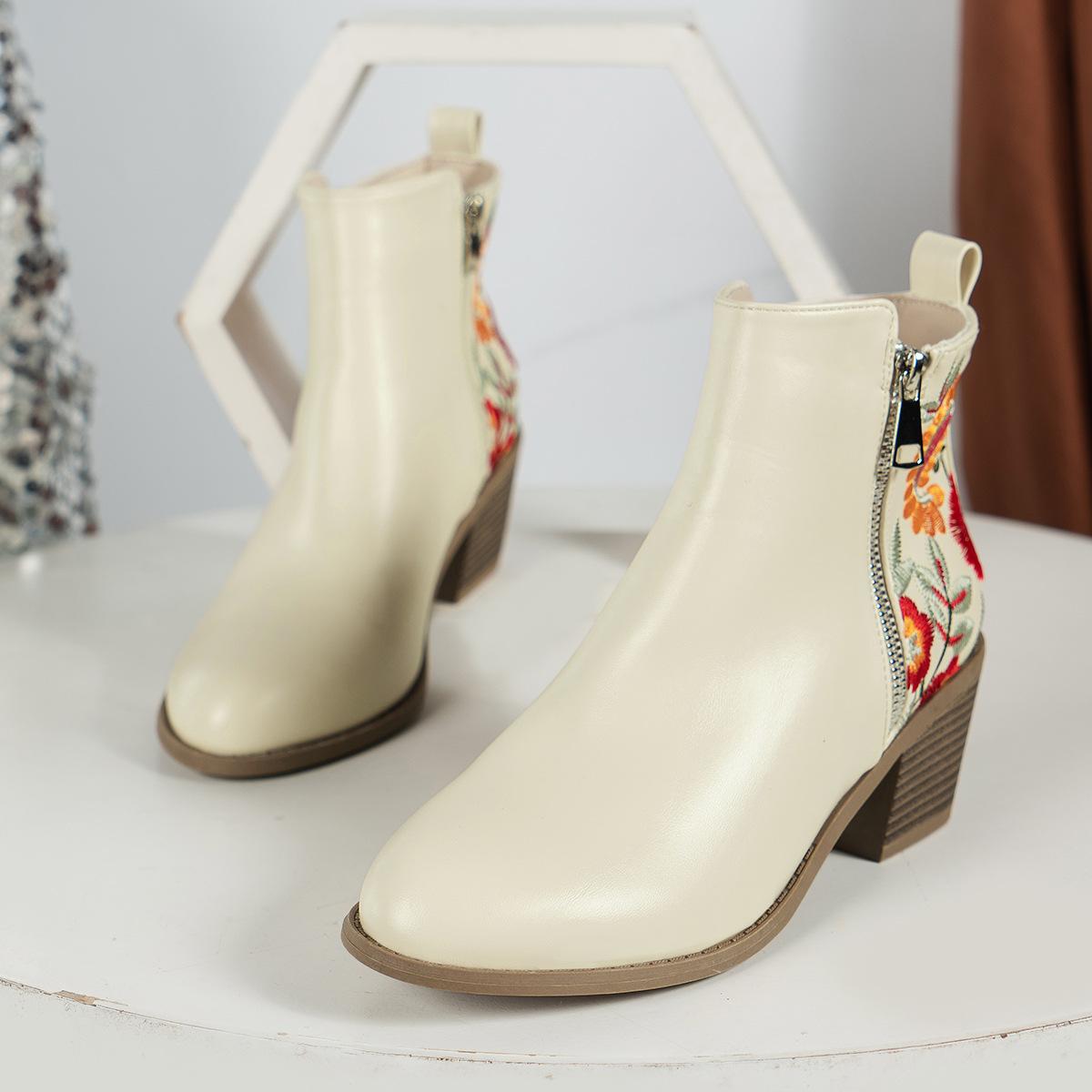 

Fashion Fashionable embroidered flower beige Chelsea boots for women 2025 autumn pointed toe side zipper sexy riding boots size 42 42