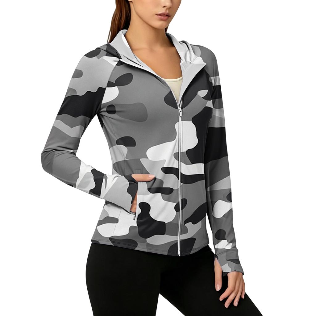 Womens Zip Up Hoodie Lightweight Long Sleeve Camouflage Print Sun Protection Jacket with Hood and Pockets for Outdoor Activities