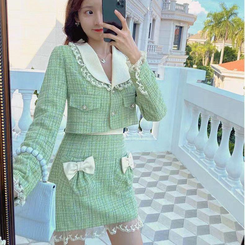 

Spring & Autumn French-Style Two-Piece: Korean Short Jacket + High-Waist Slim Skirt Tweed Set for Women S