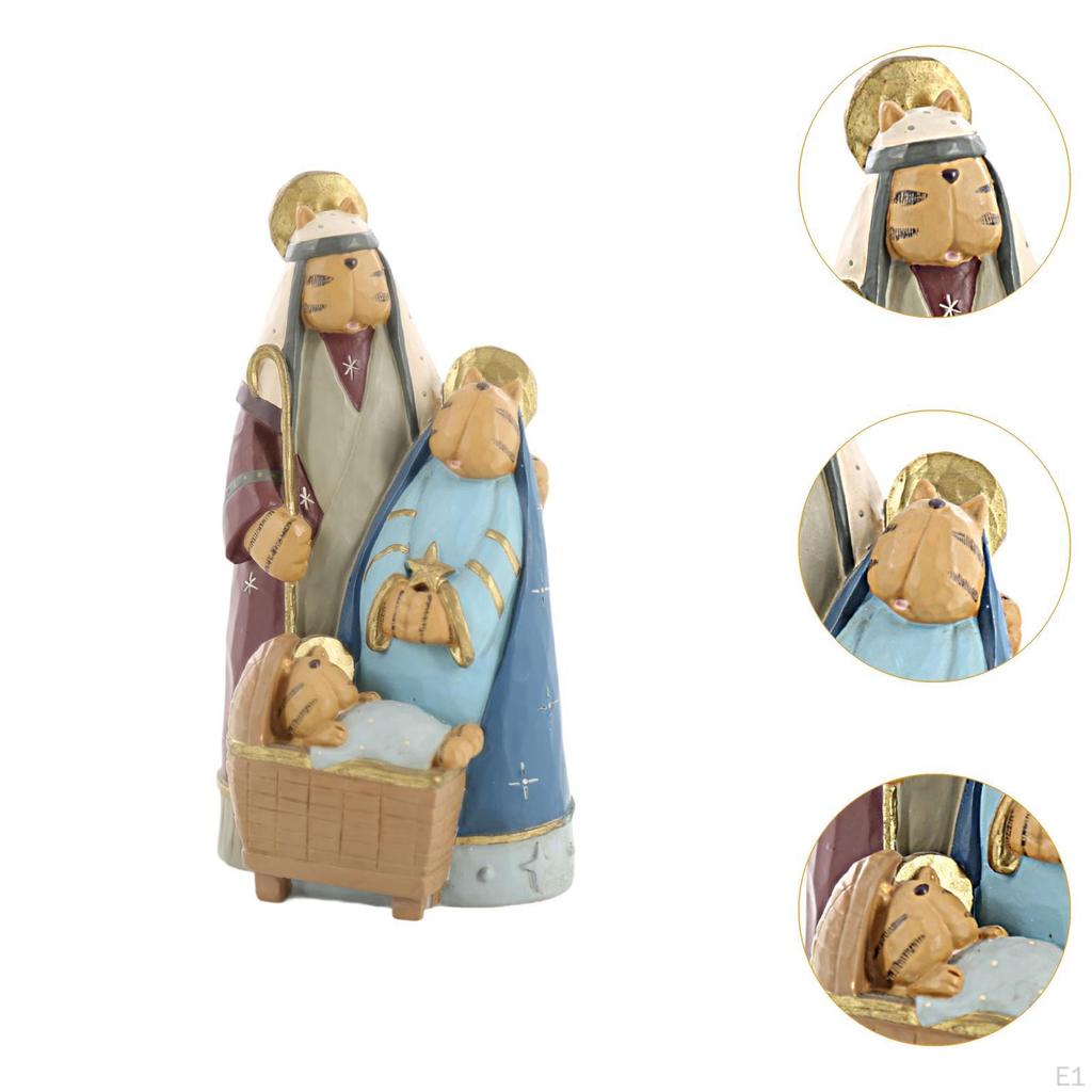 Cat Nativity Figurine Ornament Religious Decor Funny Animals Holy Family Statue for Holiday