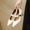 Xia New Pointed Thick Heel Middle Heel Fashion Single Shoes Women's One-word Buckle Soft Leather Commuter Mary Jane Shoes
