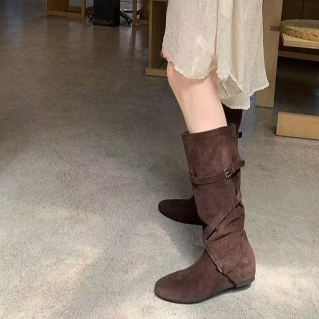 Ausgabe Höhenzunahme cm~ Herbst neue runde Zehen Schnalle mit weichem plissiertem Leder dünne Stiefel für Damen