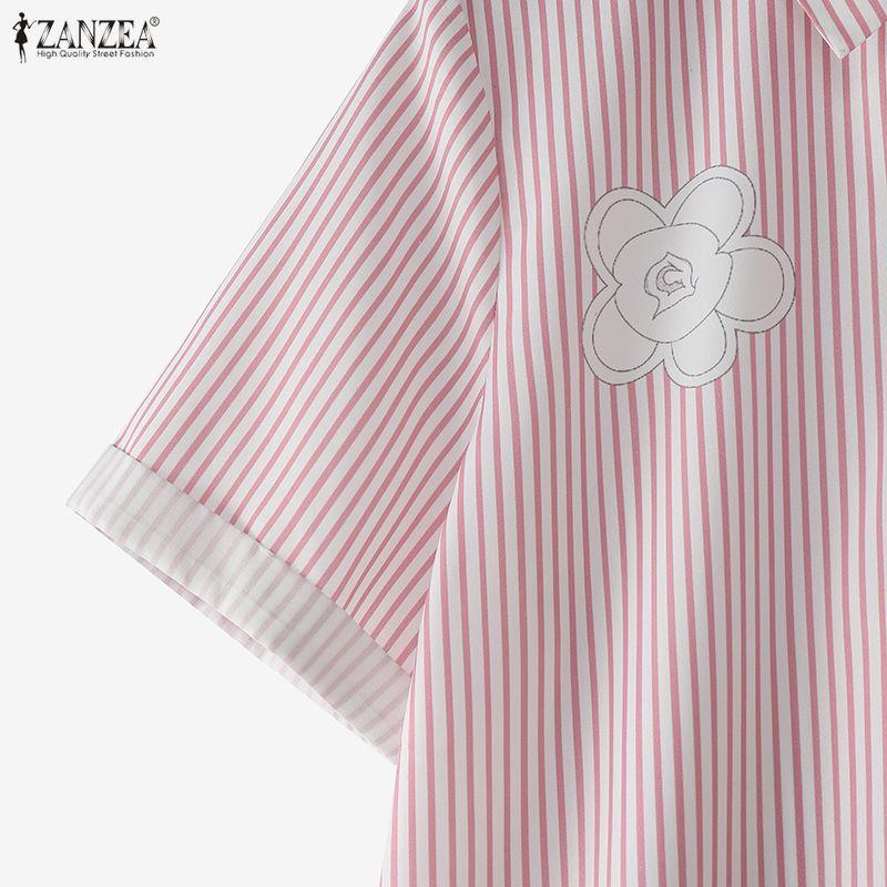 ZANZEA Women Casual Turn Down Collar Short Sleeve Stripe Blouse