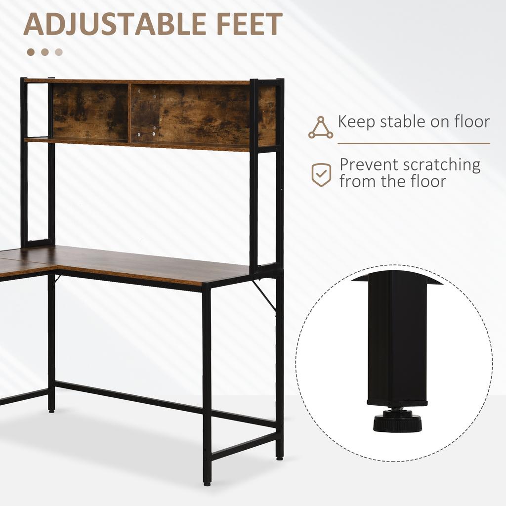 L Shaped Desk with Book Shelf, Industrial Corner Computer Desk, Writing Table with Steel Frame for Home Office, Bedroom, Study Room, 140 x 125cm