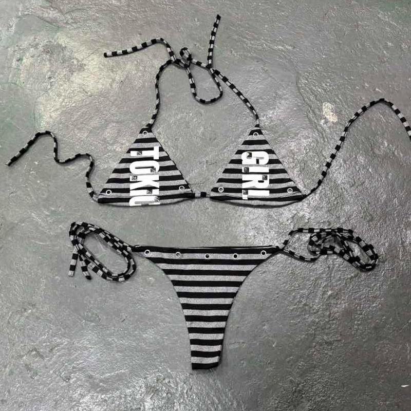 

Gothic fashion letter printed bikini summer women s casual sexy bikini top swimsuit slim fit retro 2000s Y2K style emo girl S