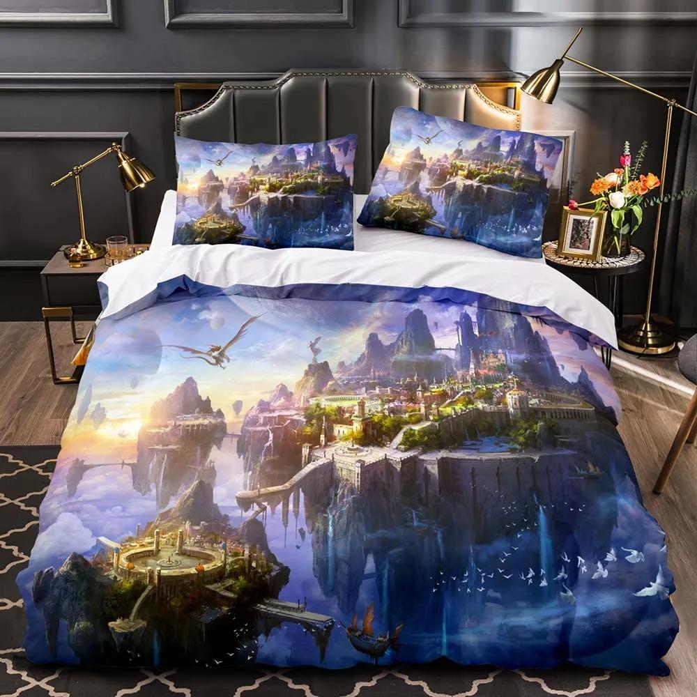 Set Copripiumino Fantasy World Forest, Set Biancheria da Letto Castello Cartone Animato, Copripiumino in Poliestere Albero Elfo Magico Misura Queen King Full Twin