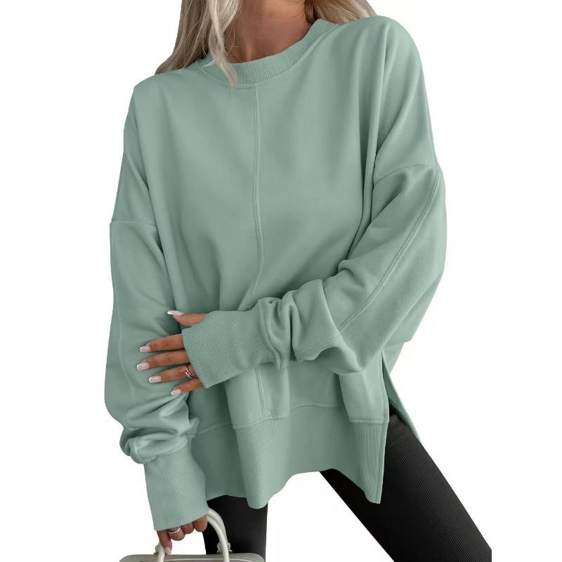 Loose Fleece Sweatshirt Round Neck Side Split Long Sleeve Casual Top For Women