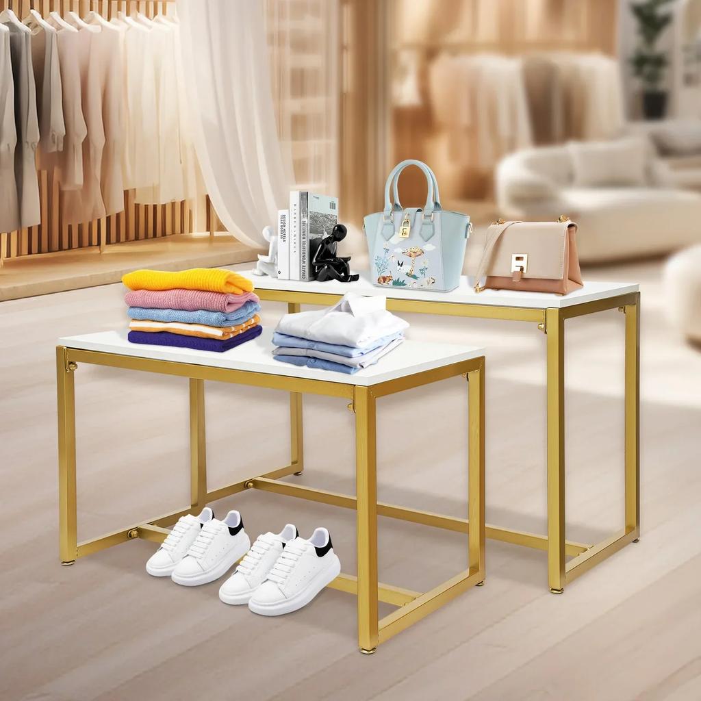 Bymaocar 50kg Bearing Capacity Metal Shoe Handbag Display Stand, 2-layer White Gold Heavy-duty Retail Store Hotel Display Stand