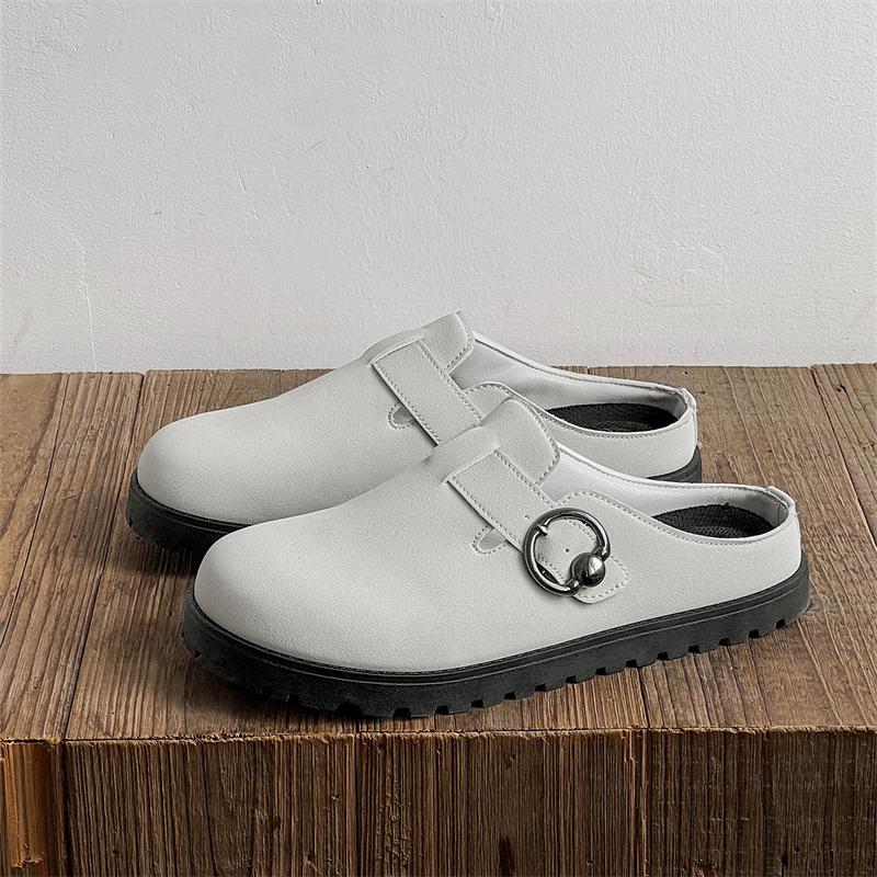Leather Platform Mules Backless Loafers Slippers Thick Bottom Half Shoes For Men Closed Toe Slide Sandals Open Back Casual Shoes