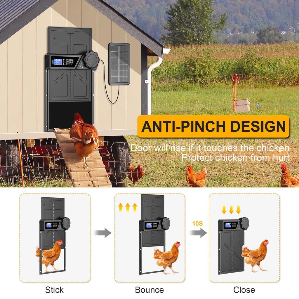 Automatic Chicken Coop Door Solar Powered, LCD Display Automatic Chicken Door with Timer Aluminum Alloy Chicken Door with Remote