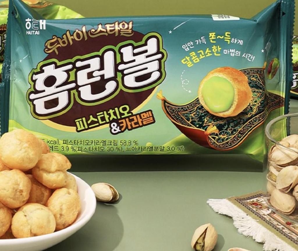 Haitai Homerun Ball Pistachio & Caramel Cream Filled Puffed Snack 156g (4 Packs) x 2 Packs