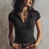 2026 Summer New Women's Knit Fabric Elegant Zipper Collar Short Sleeve Top