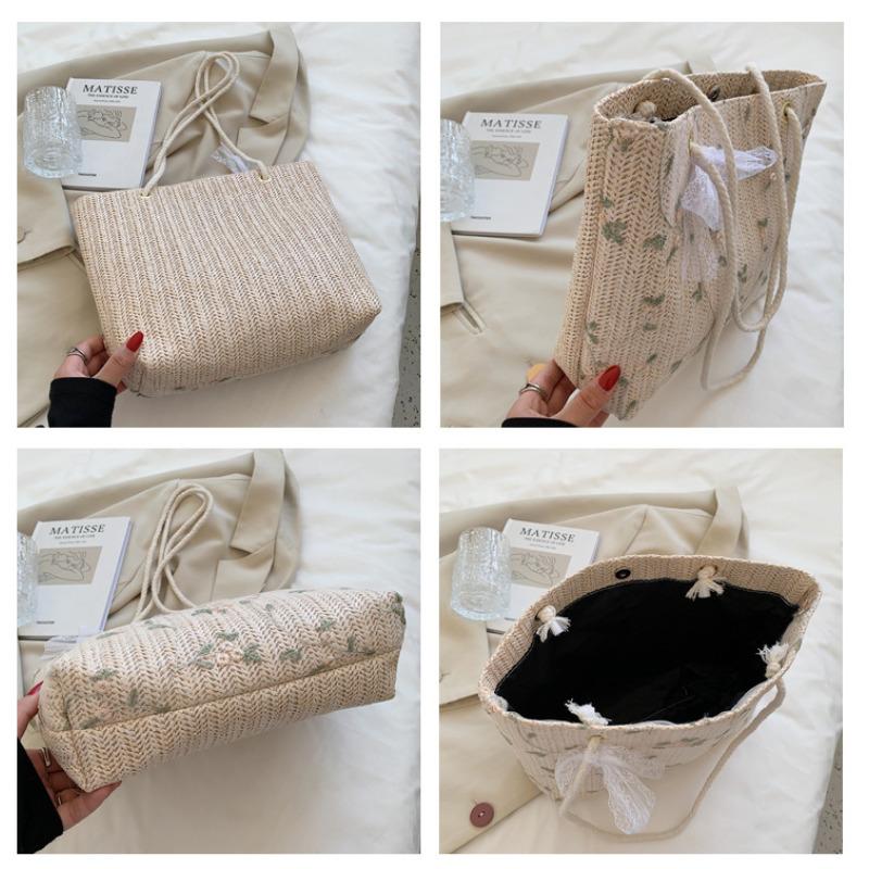 Simple Straw Style Straw Tote Bag with Bow Knot Single Shoulder Handbag for Women