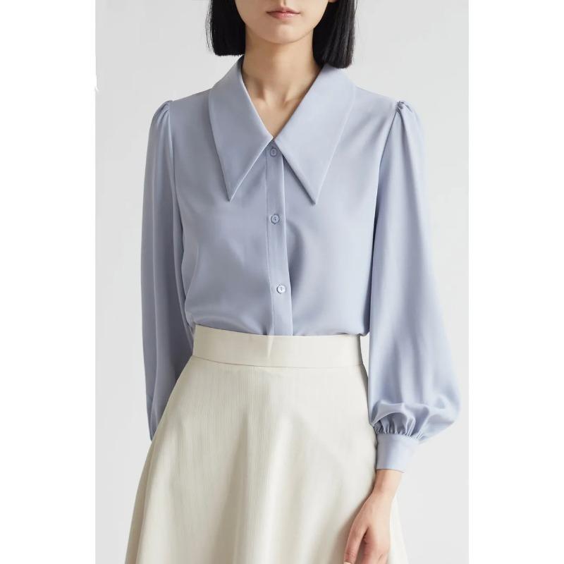 Women s Spring Light Blue Point Collar Puff Sleeve Button Down S синий