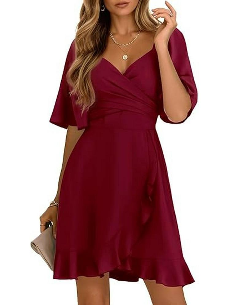 2026 V-Neck Solid Color Ruffle Summer Dress for Women - Stylish Waist-cinching European and American Fashion