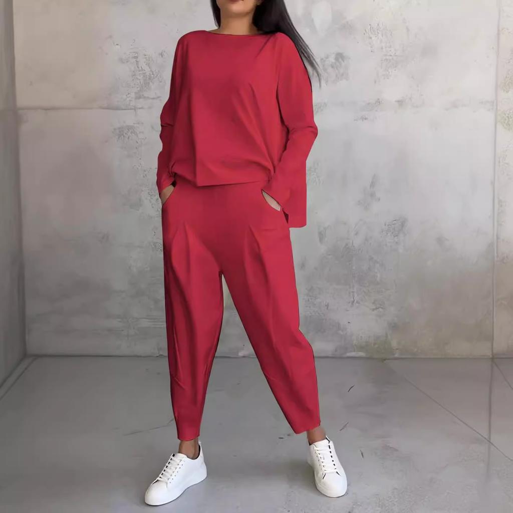 Women's Two-piece Solid Color Round Neck Long Sleeved Top and Casual Pants Set for Autumn