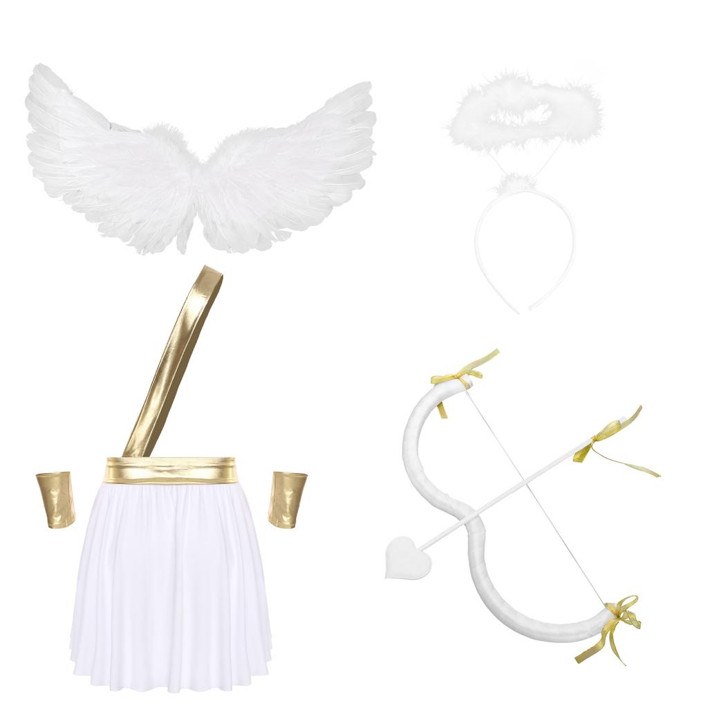 Mens Cupid Angel Costume Contrast Color Heart Skirt Detachable Sleeves Wings Set