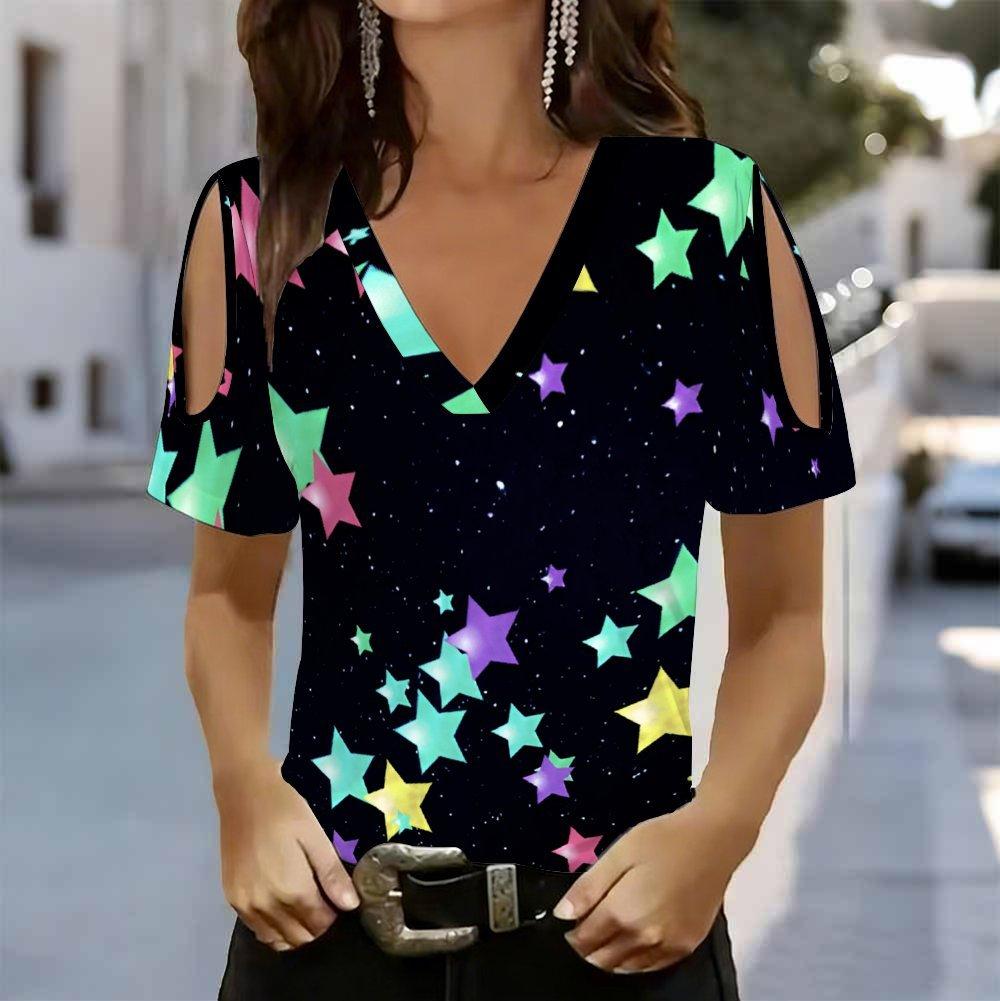 Women V Neck Cold Shoulder Blouse Black Background Colorful Star Print Short Sleeve Top