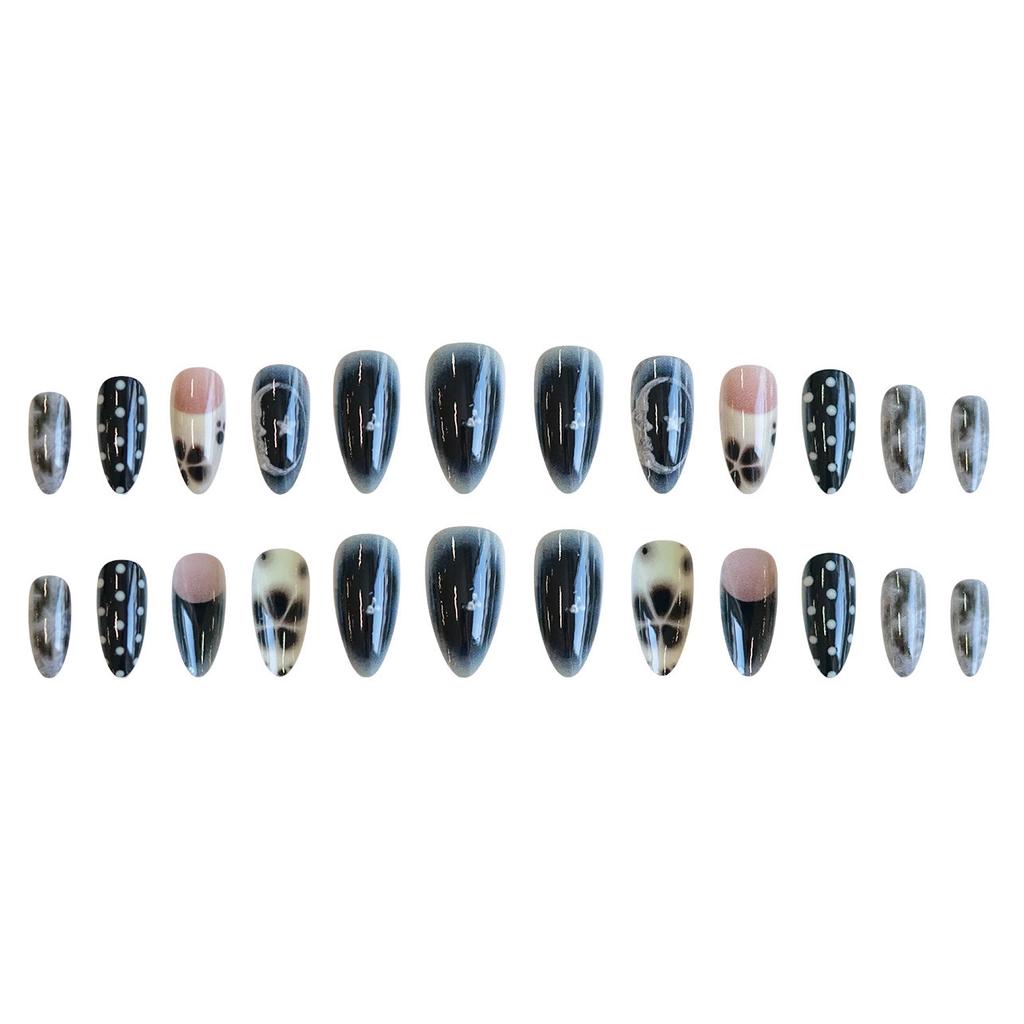 24Pcs French Almond Press On Nails Y2K Wave Dot Flower Design Sweet Cool Fake Nails For Women