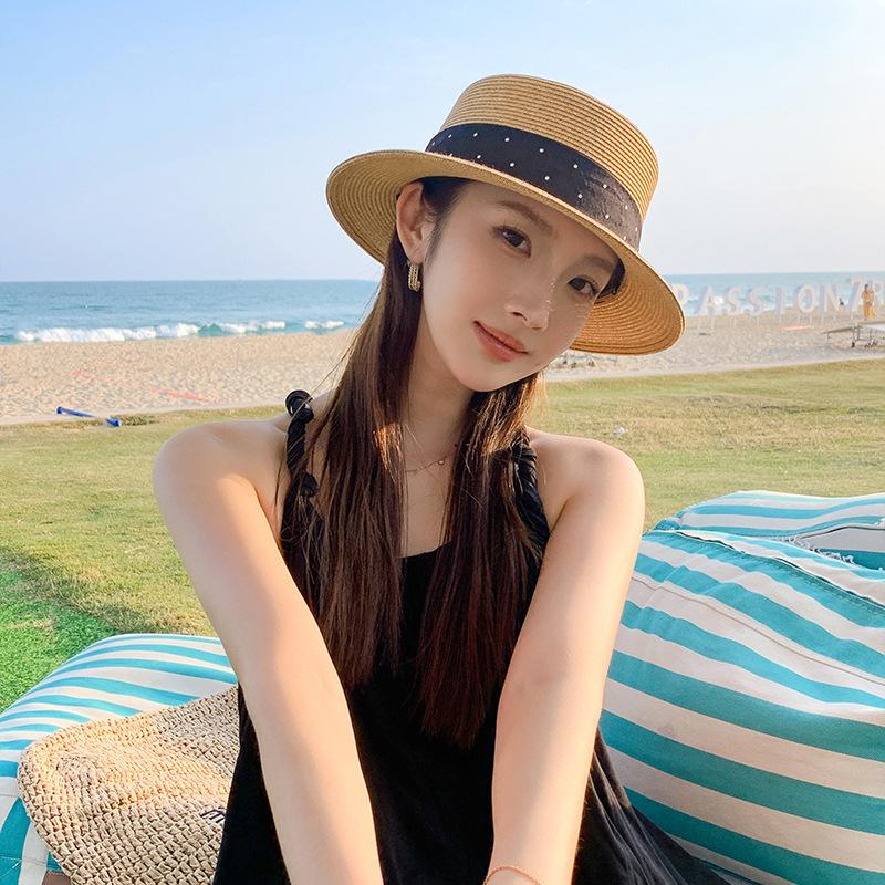 French elegant fashionable straw hat women's summer seaside vacation casual sun hat ribbon flat top hat sun hat