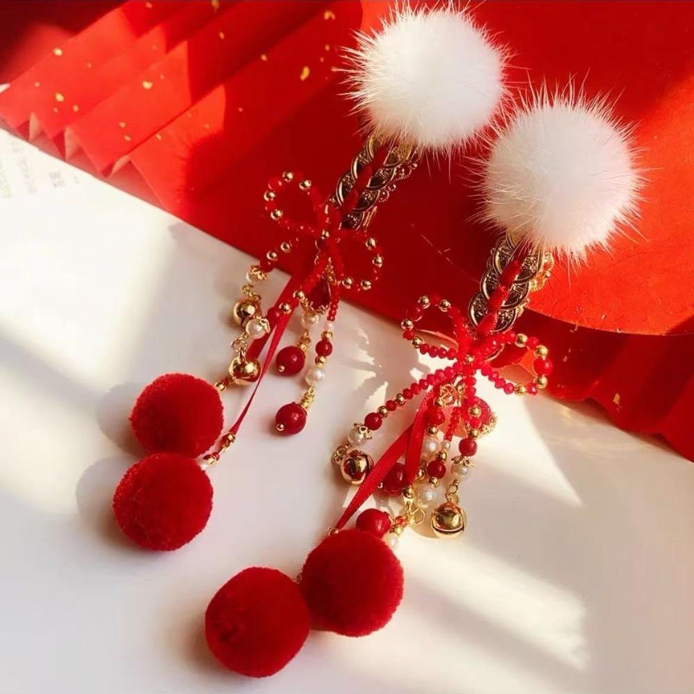 Red Hanfu Hair Clip Fuzzy Ball Chinese New Year Side Clip Exquisite Girl Headdress  Women