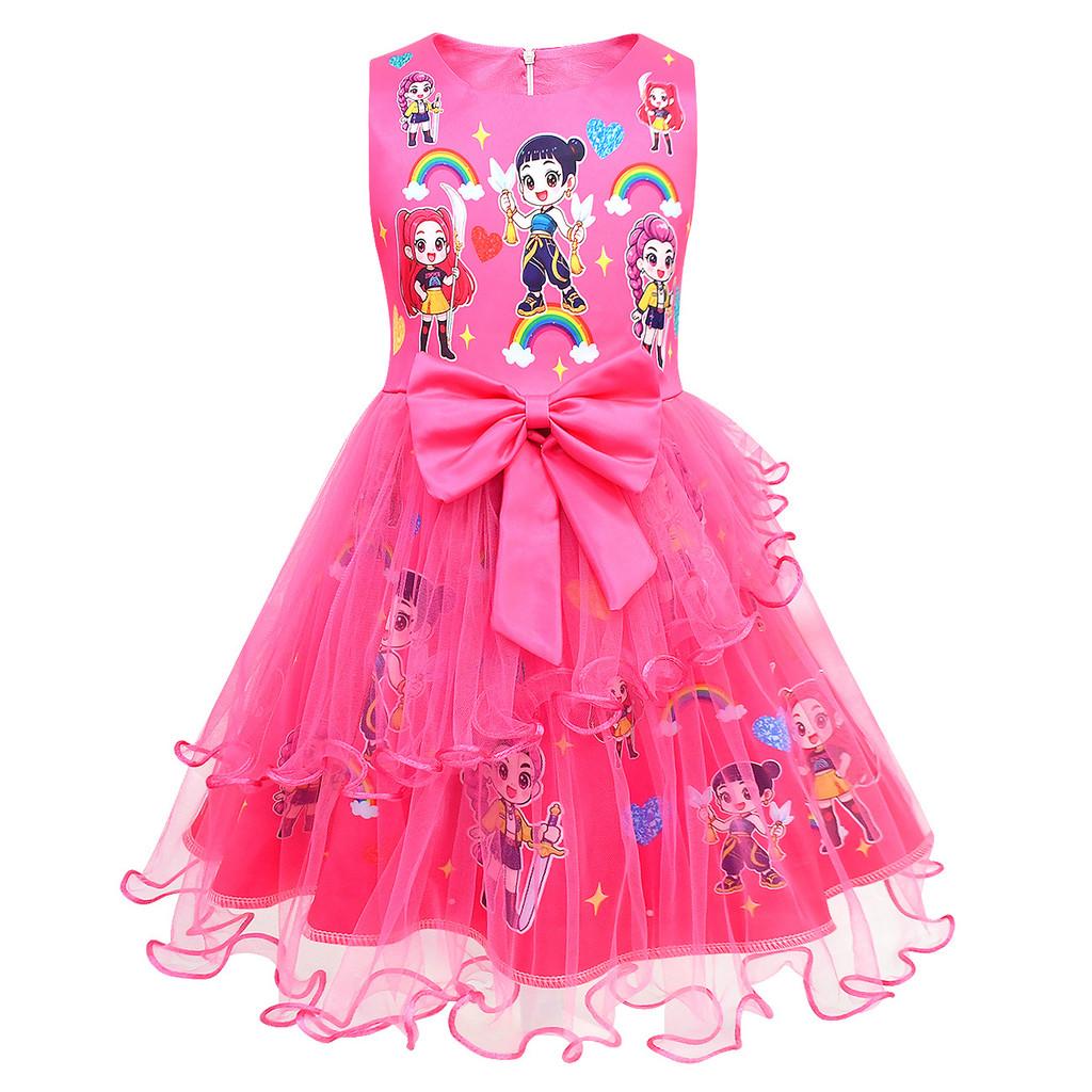 82993 Kid Girls Kpop Demon Hunters Sleeveless Bow Mesh Dress