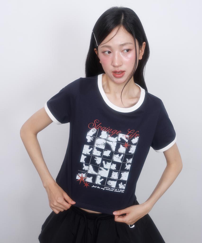LMR Cat Foster Ringer Crop Short Sleeve T-Shirt Navy