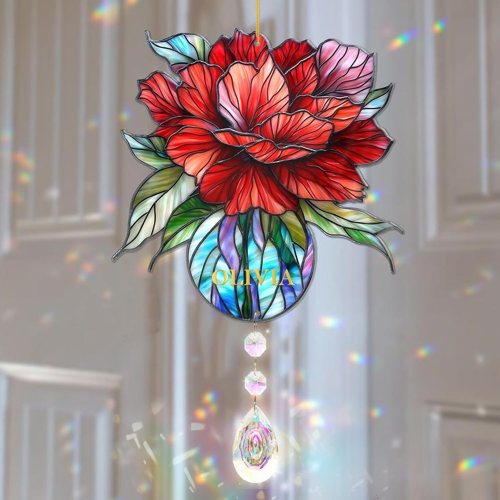 Rose Suncatcher - Birth Flower Gifts for Women, Birth Flower with Name Suncatcher Ornament with Crystal, for Mom, Grandma