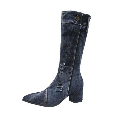 Fashion Sexy Jean Boots Women's Mid Calf Boot Zipper High Heel Woman Stylish Jeans Boots Ladies Denim Boot Female Shoes Cowboy