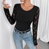 Frühling Neue frauen Einfarbig Spitze Nähte Langarm Dünnes T-Shirt Top Frauen