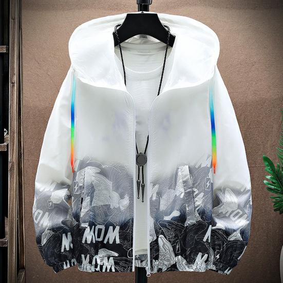 Men Sun Protection Clothing Hooded Long Sleeve Pockets Sunscreen Jacket Zipper Placket Shoes Print Quick Drying Windbreaker