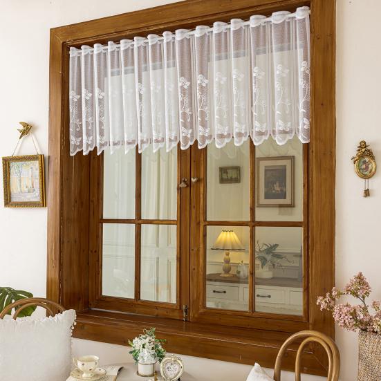 Short Lace Curtains for Windows White Kitchen Curtain, Rustic Floral Over Sink Softened Light Privacy Screens Sheer Scalloped Small Cafe Curtain