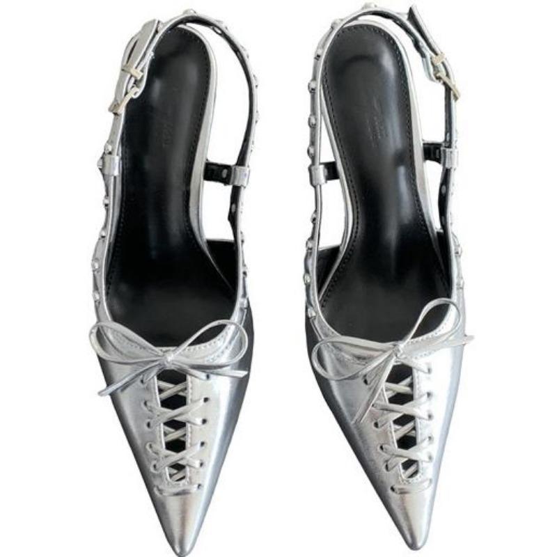 Fashion Fashion Design Rivets Back Buckle Strap Women Pumps Hollow Out Lace Up Pointed Toe Low Thin Heels Mules Sandals Shoes