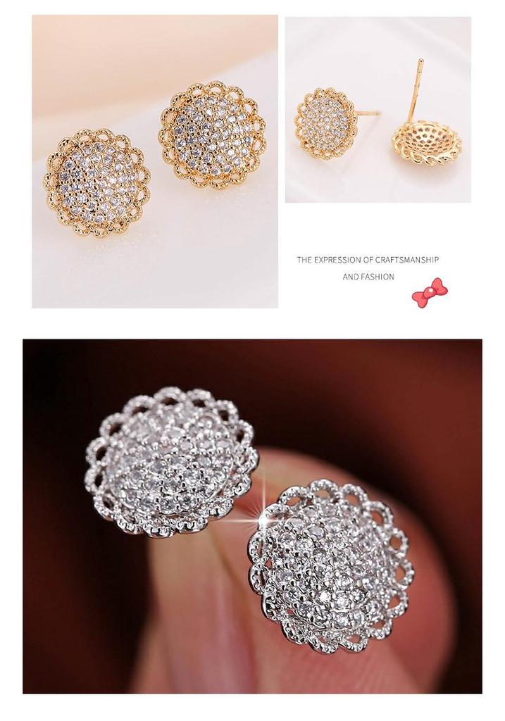 Sunflower Diamond Stud Earrings with Lace Metal and Copper Needle - Women's Elegant Niche Jewelry