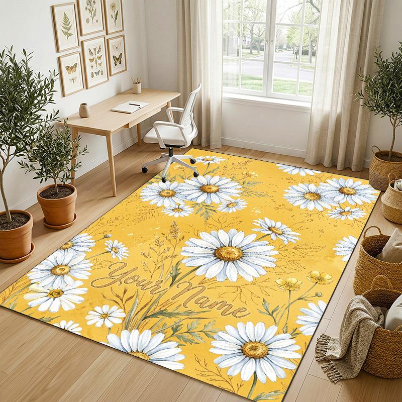 Yellow Daisies Theme Soft Crystal Velvet Rug Custom Name & Text Print Non Slip Floor Rug for Bedroom Living Room