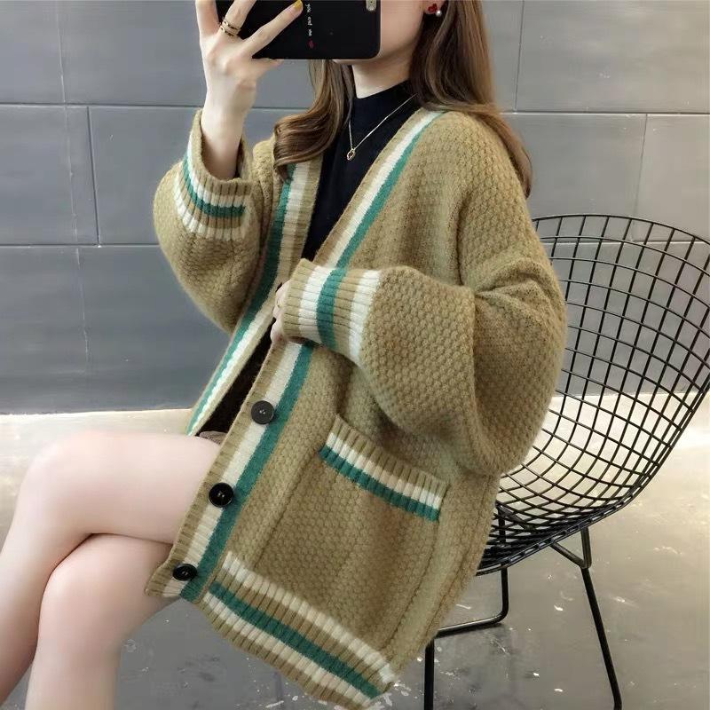 Women's Medium Length Sweater Cardigan Sweater Women's Knitted Sweater V-neck Long Sleeved Top