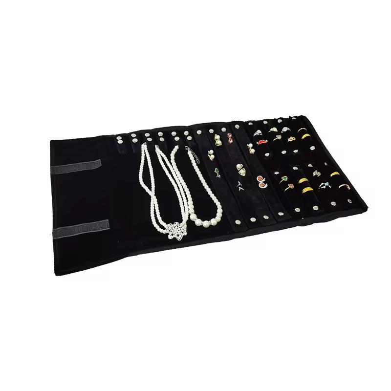 High-quality All-black Velvet Jewelry Storage Display Serie Roll Bag Ring Earring Necklace Watche Portable Storage Display Bag