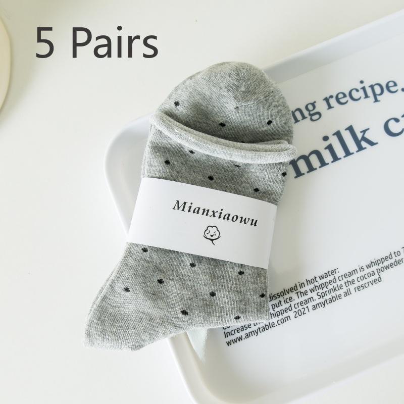 5 Pairs of Female Summer Thin Student Curled Brim Polka Dot Mid Tube Pile Socks