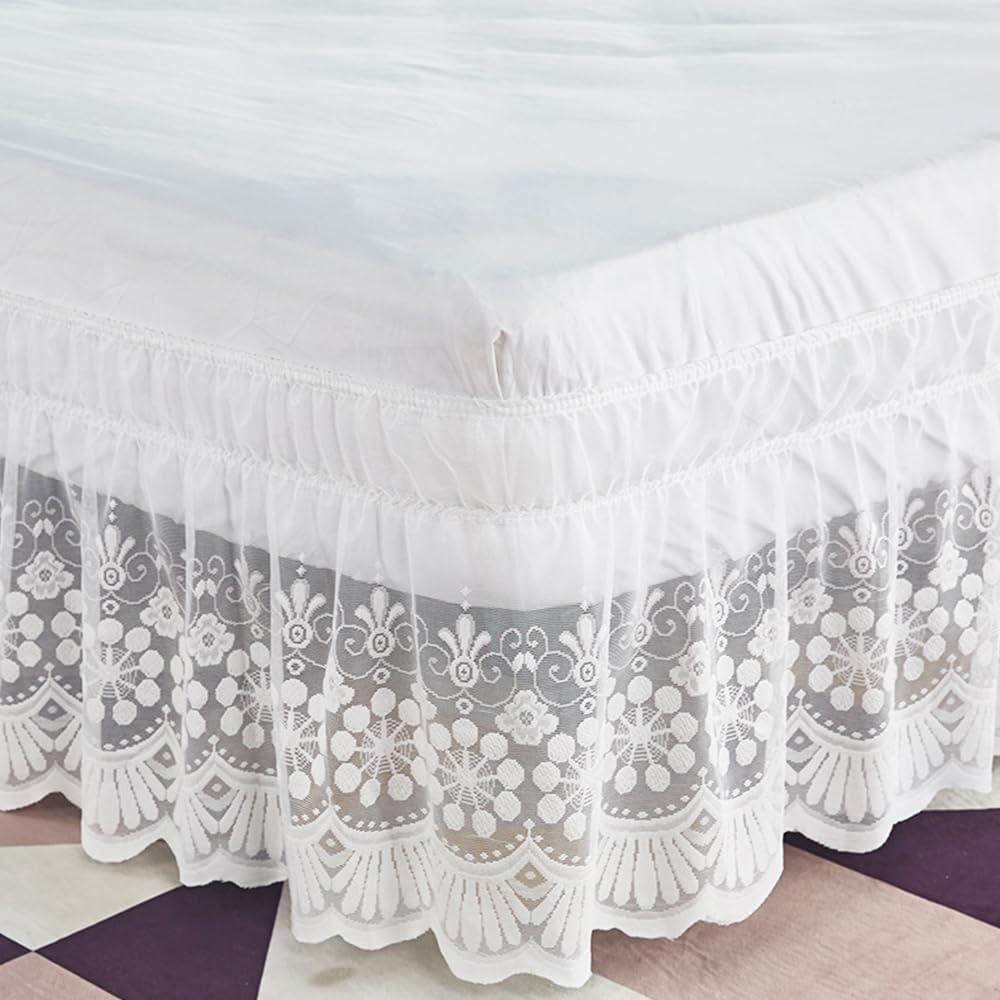 White Lace Bed Skirt for Queen Bed - 15in. Drop, Easy Fit Ruffle Bedskirt Wrap Around Bed Skirt, Anti Wrinkle & Fade Resistant