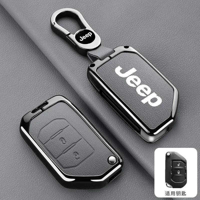 For Jeep Metal Leather Car Key Case Cover Shell Keychain for Jeep Wrangler Gladiator JL JLU Rubicon Sahara JLU JT 2018-2022 A