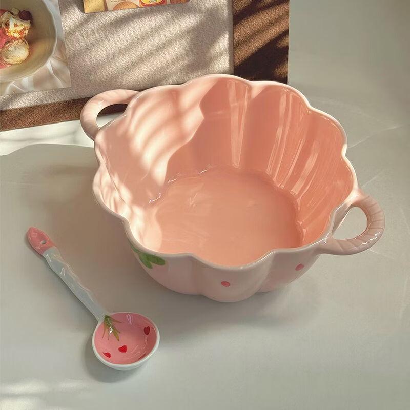 ZISIZ Ceramic Strawberry Petal Bowl with Handles