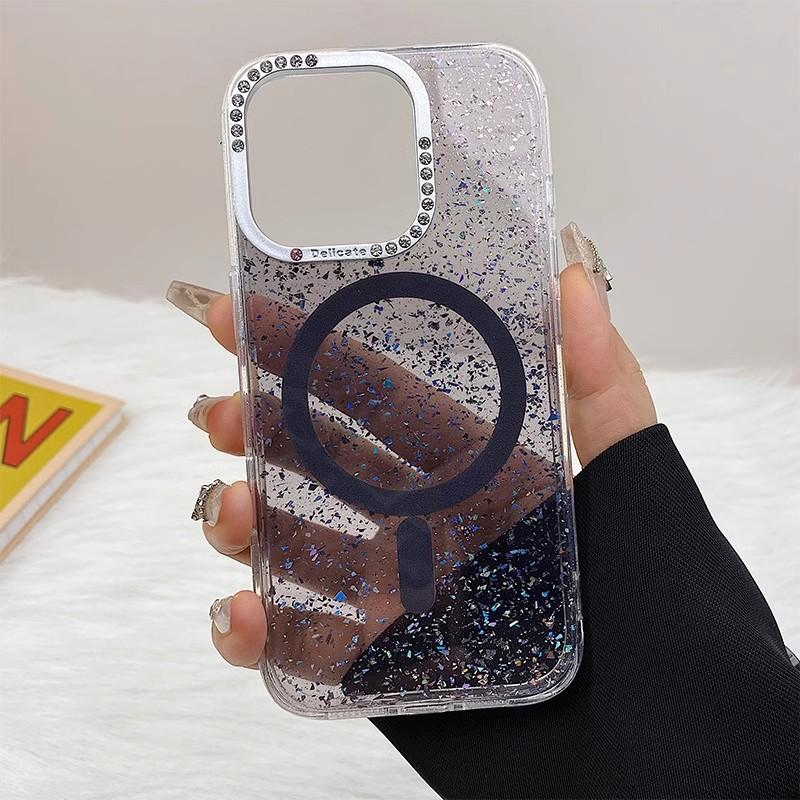 

Подходит для IPhone16ProMax Цвет Магнитный чехол для телефона Apple 15 Прозрачный с бриллиантовой пудрой Защита от падений 14 Защитный чехол iPhone12promax