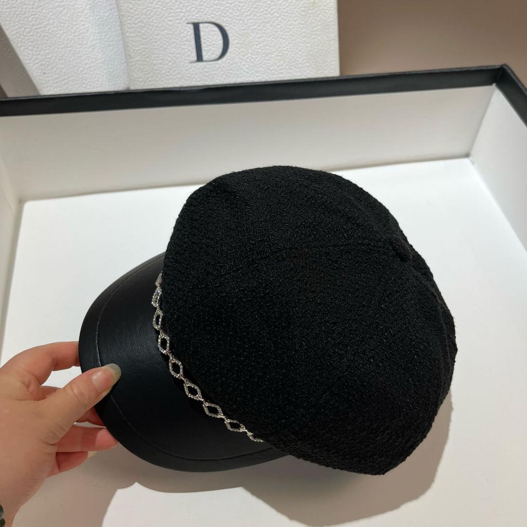Spring And Autumn Small Fragrant Wind Coarse Tweed Light Luxury Rhinestone Strip Octagonal Hat European Old Money Wind High Quality Duck Tongue Beret