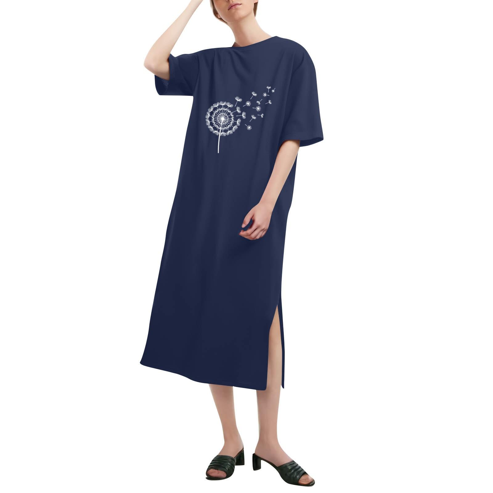 

Floral Printed Loose Short Sleeve Round Neck Long Shirt Fashion Casual Dresses M