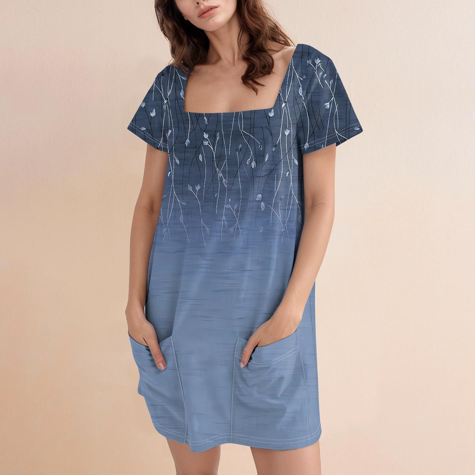 

Женское модное повседневное платье с квадратным вырезом и коротким рукавом S синий