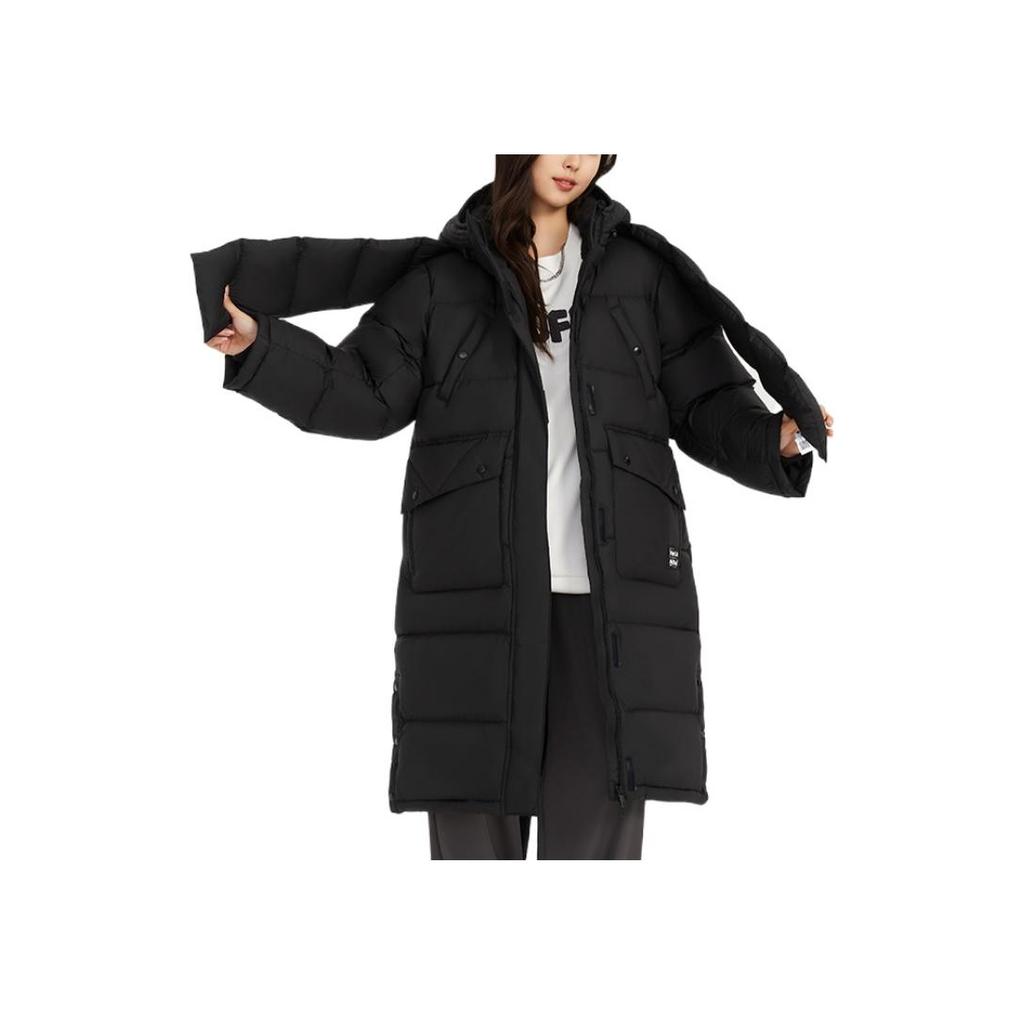 Li Ning Anti-Five Series Solid Color Logo Windproof Long Hooded Down Jacket Women Outerwear Black AYMR092-3