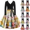 Women's Casual Fashion V-neck Long Sleeved Retro Christmas Print Retro Dress