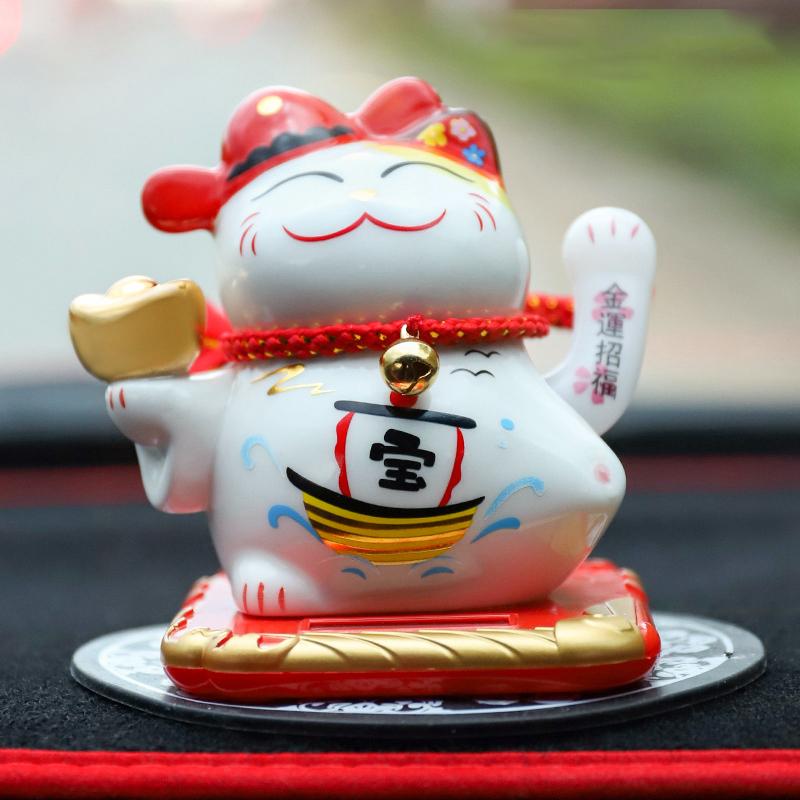 Gatto Fortunato Ceramica Alimentato a Energia Solare Maneki Neko Braccio Ondulante Gatto che Invita la Fortuna con Tappetino Auto Decorazione Scrivania Fascino Regalo